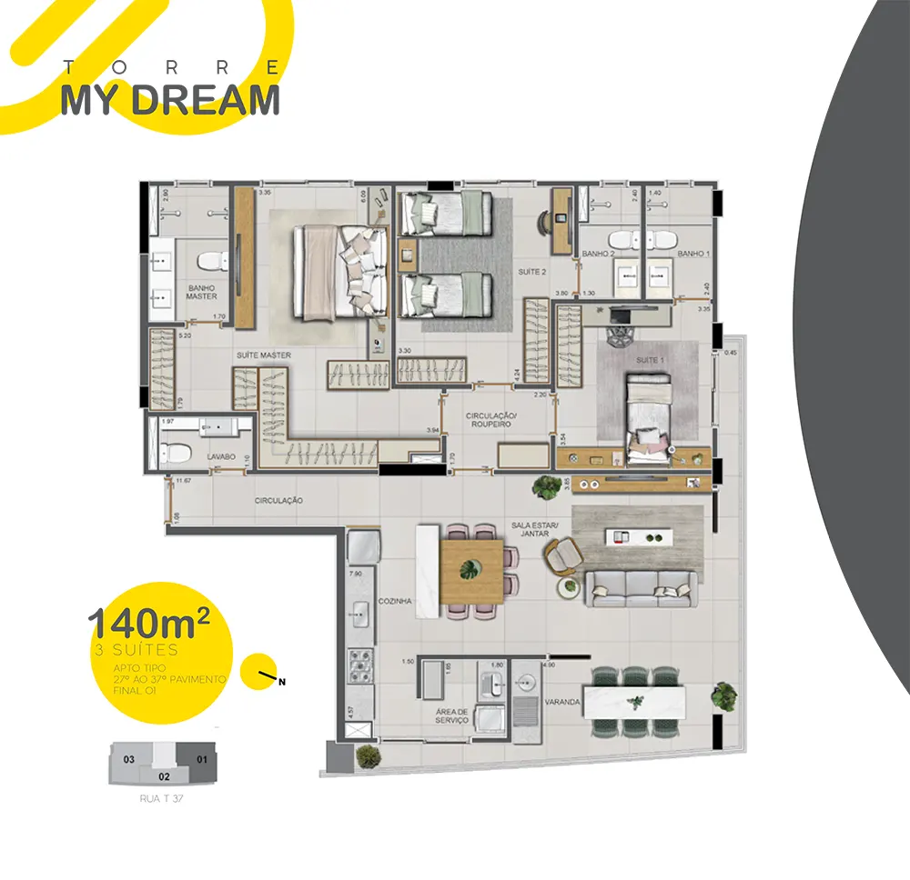 Planta dos apartamentos Torre My Dream de 140m²