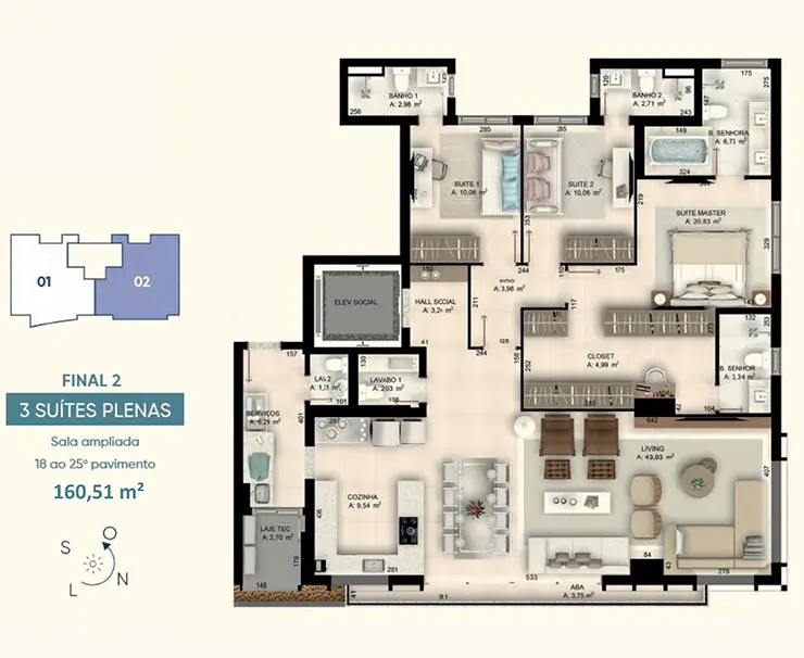 Zayn home marista planta baixa do apartamento final 2 com 160m² com 3 suites