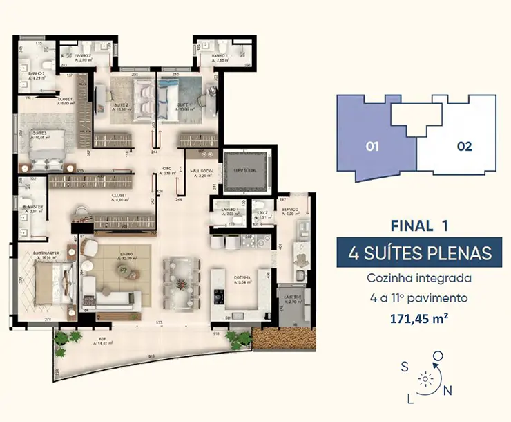Zayn home marista planta baixa do apartamento final 1 com 171m² 4 suítes plenas